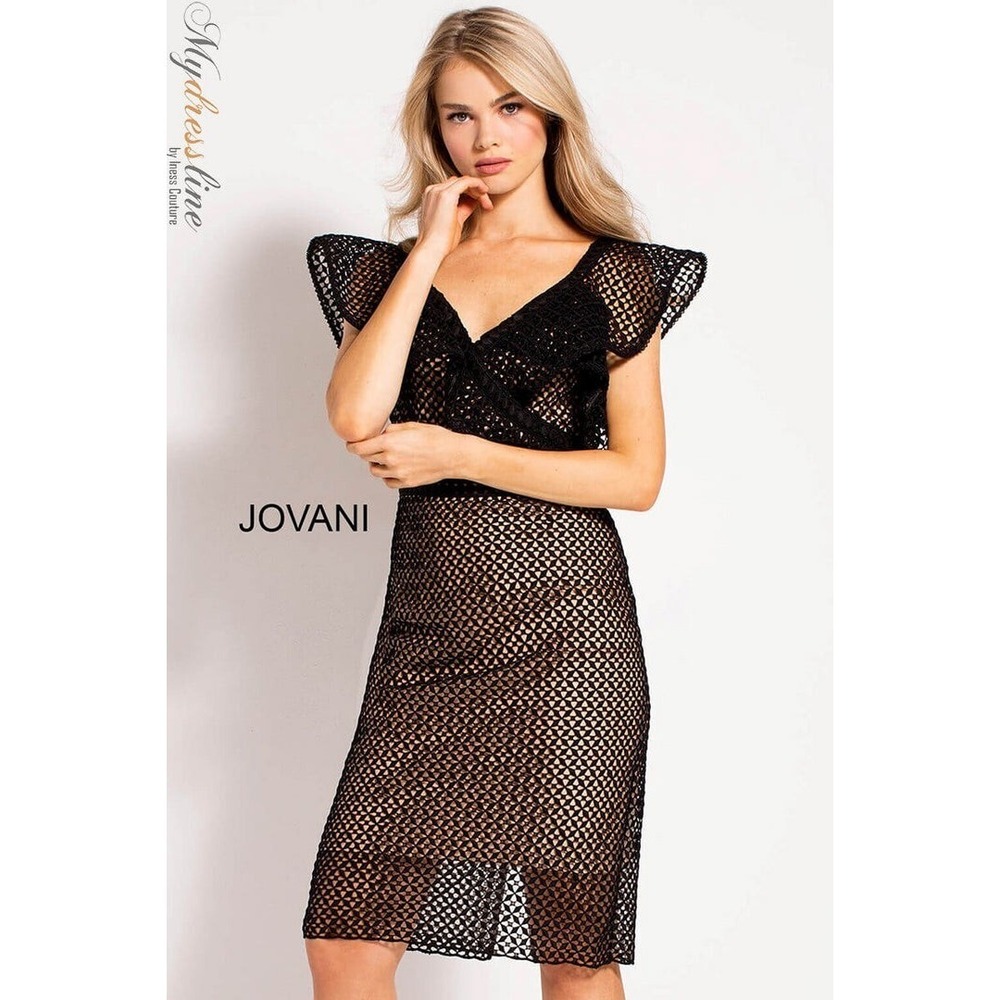 Jovani Womens Lace V-Neck‎ Cocktail Sheath Dress in Black & Nude M60978 Size 2